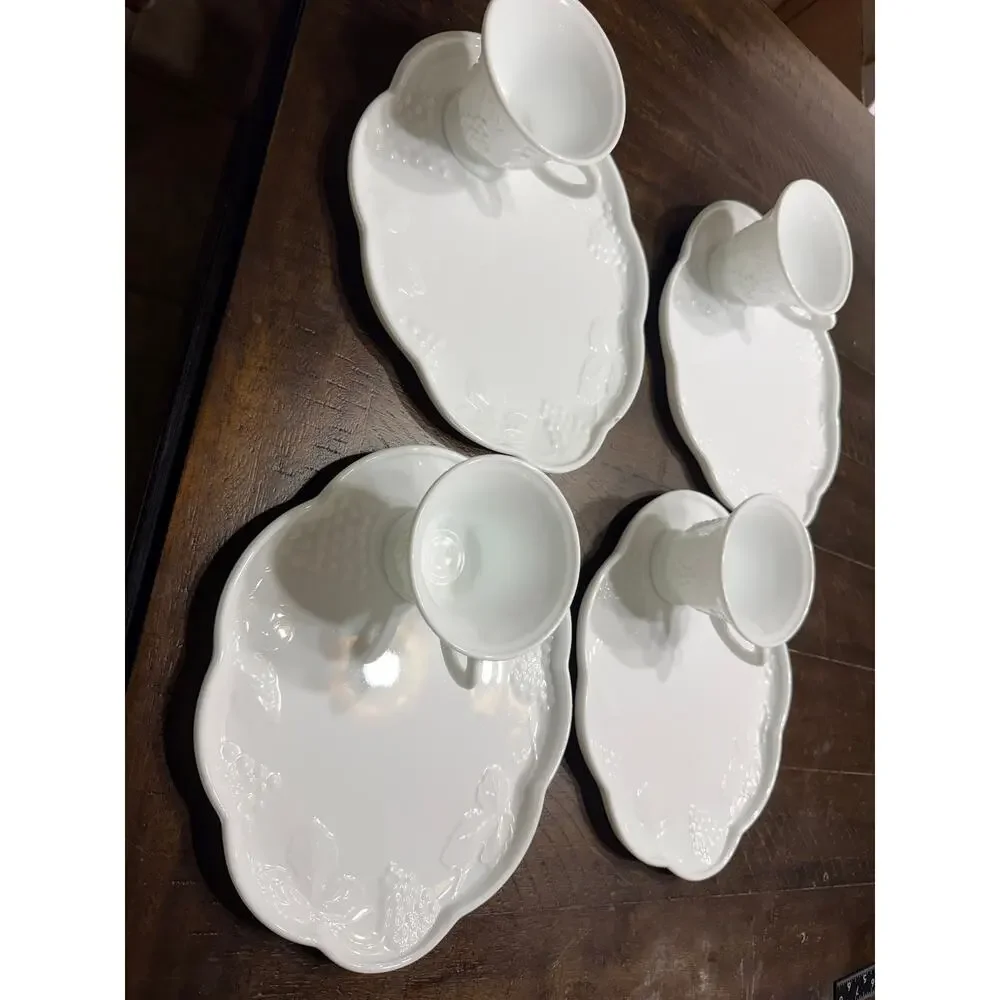 Set of 4 Vintage White Milk Glass Grapes & Vines Snack Plates Cups Snack Sets